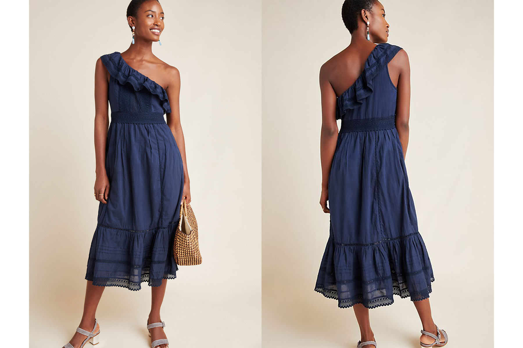 Anthropologie coco one-shoulder lace midi dress